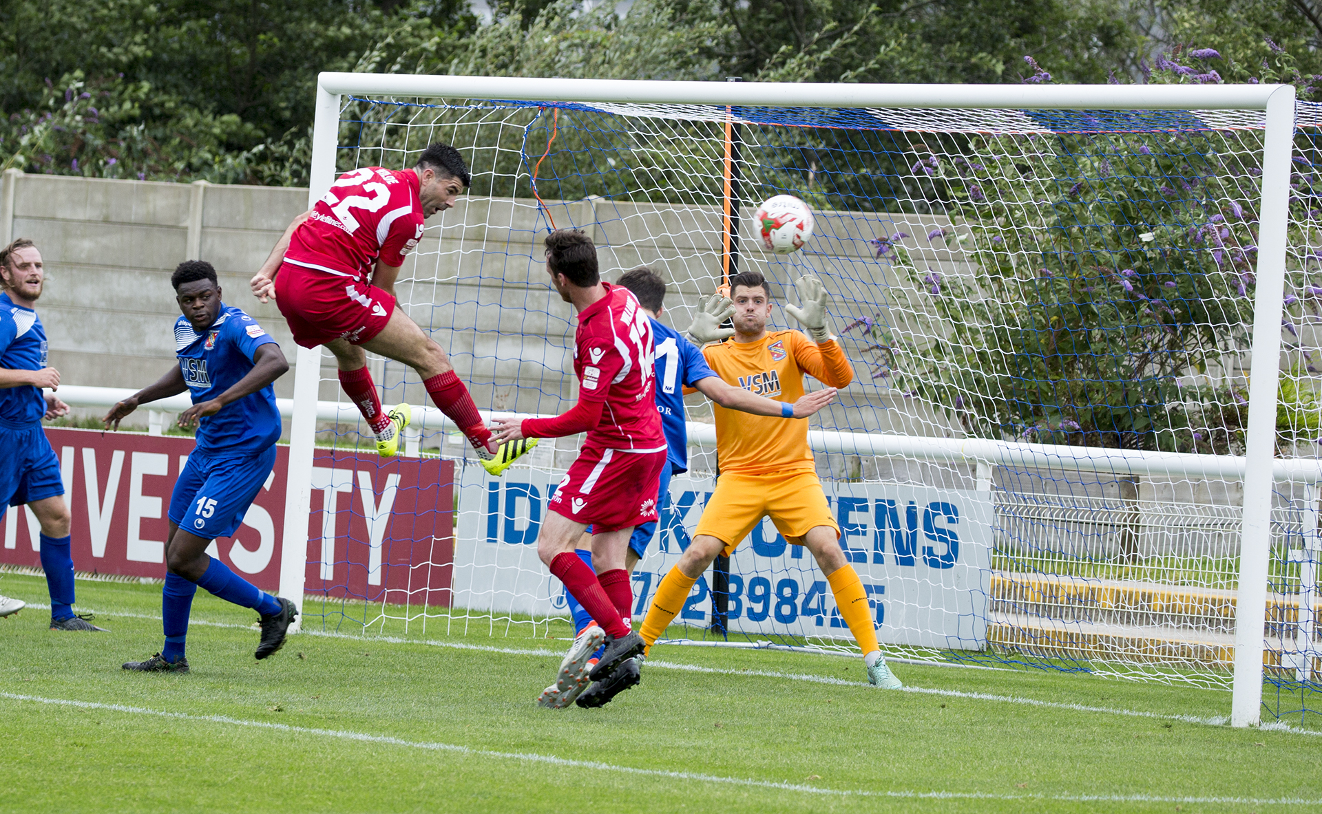 Michael Wilde sees his first half header go wide - © NCM Media