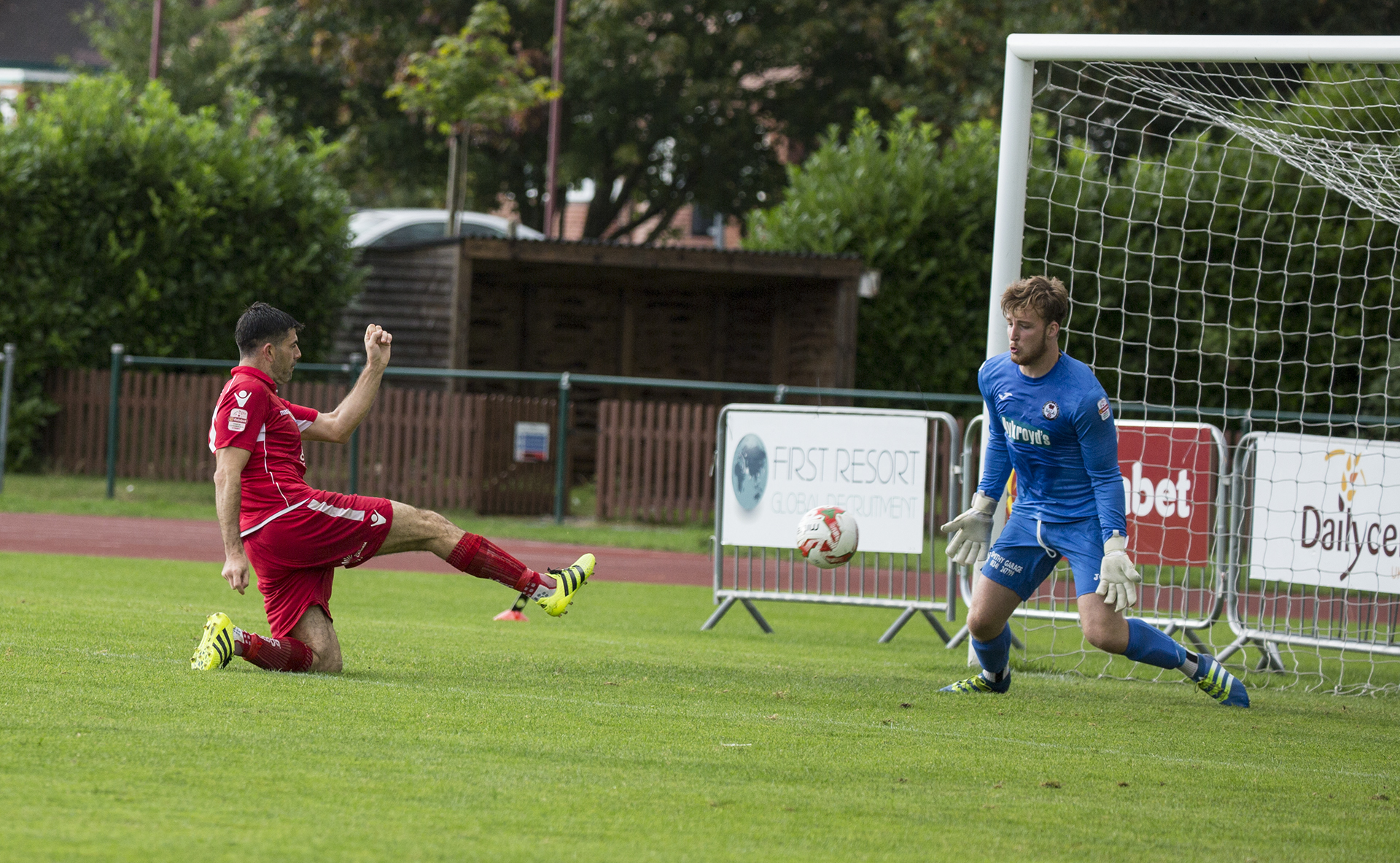 Michael Wilde sees his second half point blank shot saved by Alex Lynch in the Bala goal