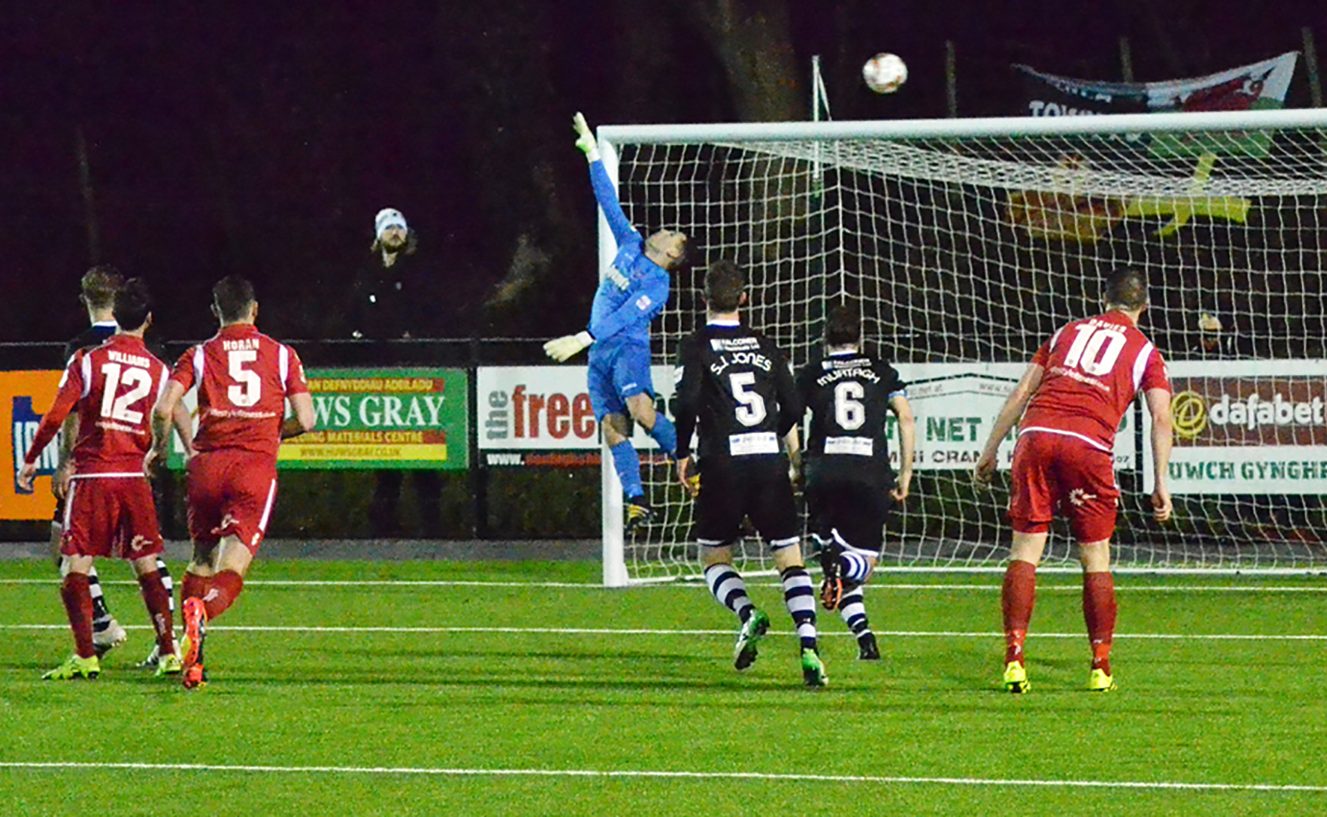 The ball sails just over Ashley Morris in the Bala Town goal - Photo courtesy of Bala Town FC