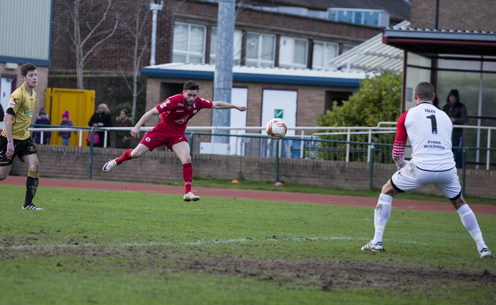 Nathan Woolfe sees his effort head towards goal - © NCM Media