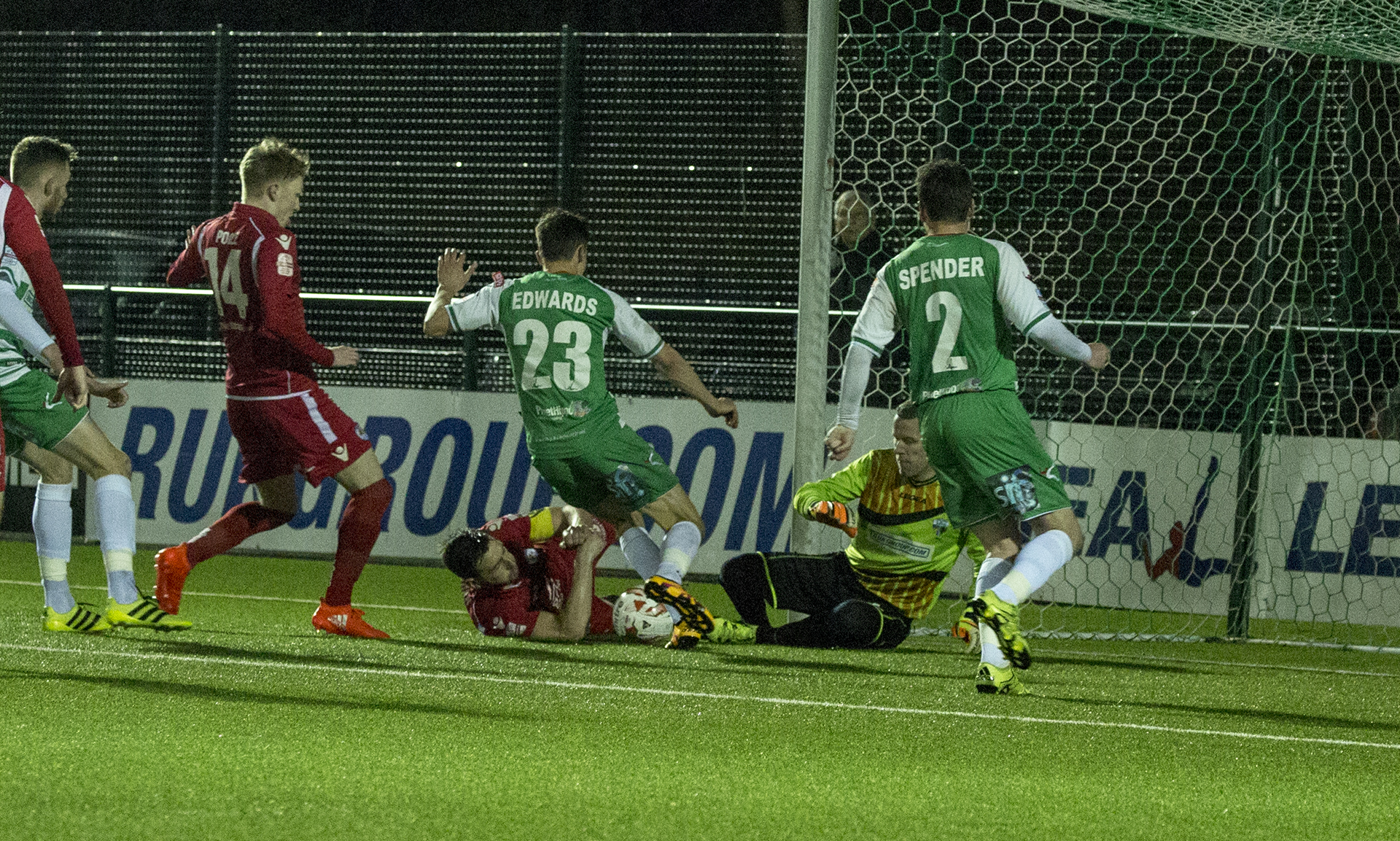 George Horan is denied an equaliser by Paul Harrison