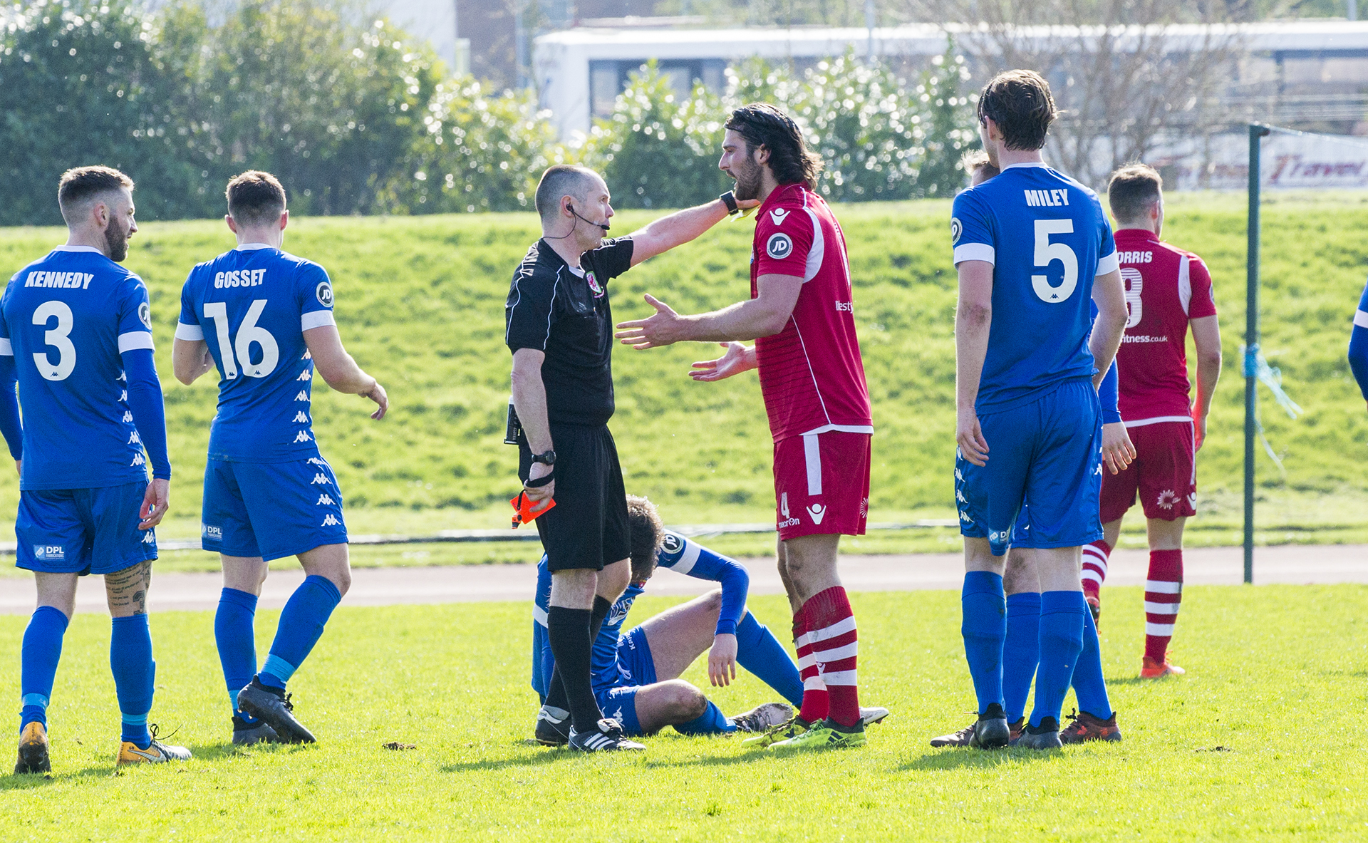 Jonny Spittle protests his innocence following his second half dismissal - © NCM Media