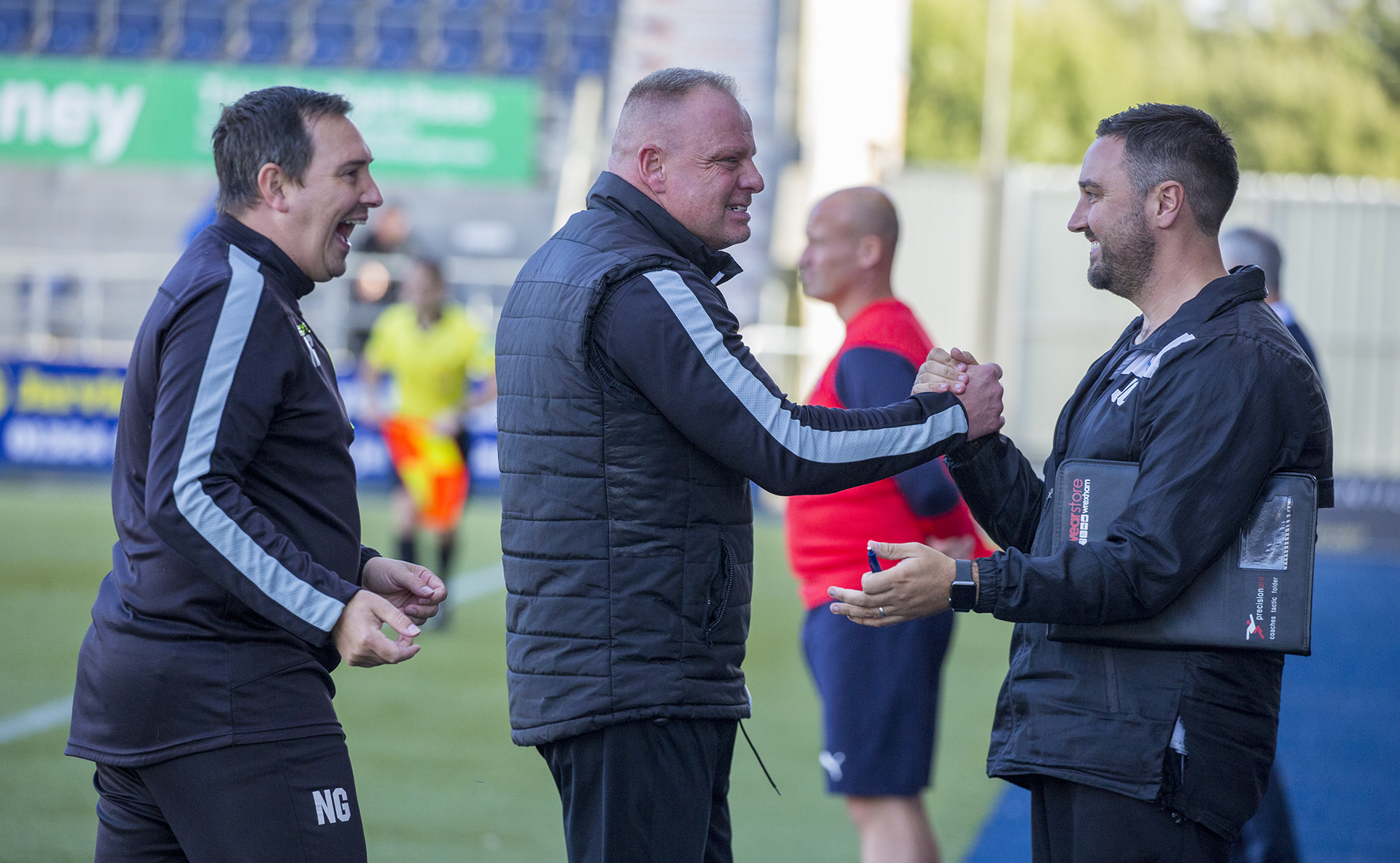 L to R: Neil Gibson, Andy Morrison and Jay Catton celebrate at the full time whistle © NCM Media