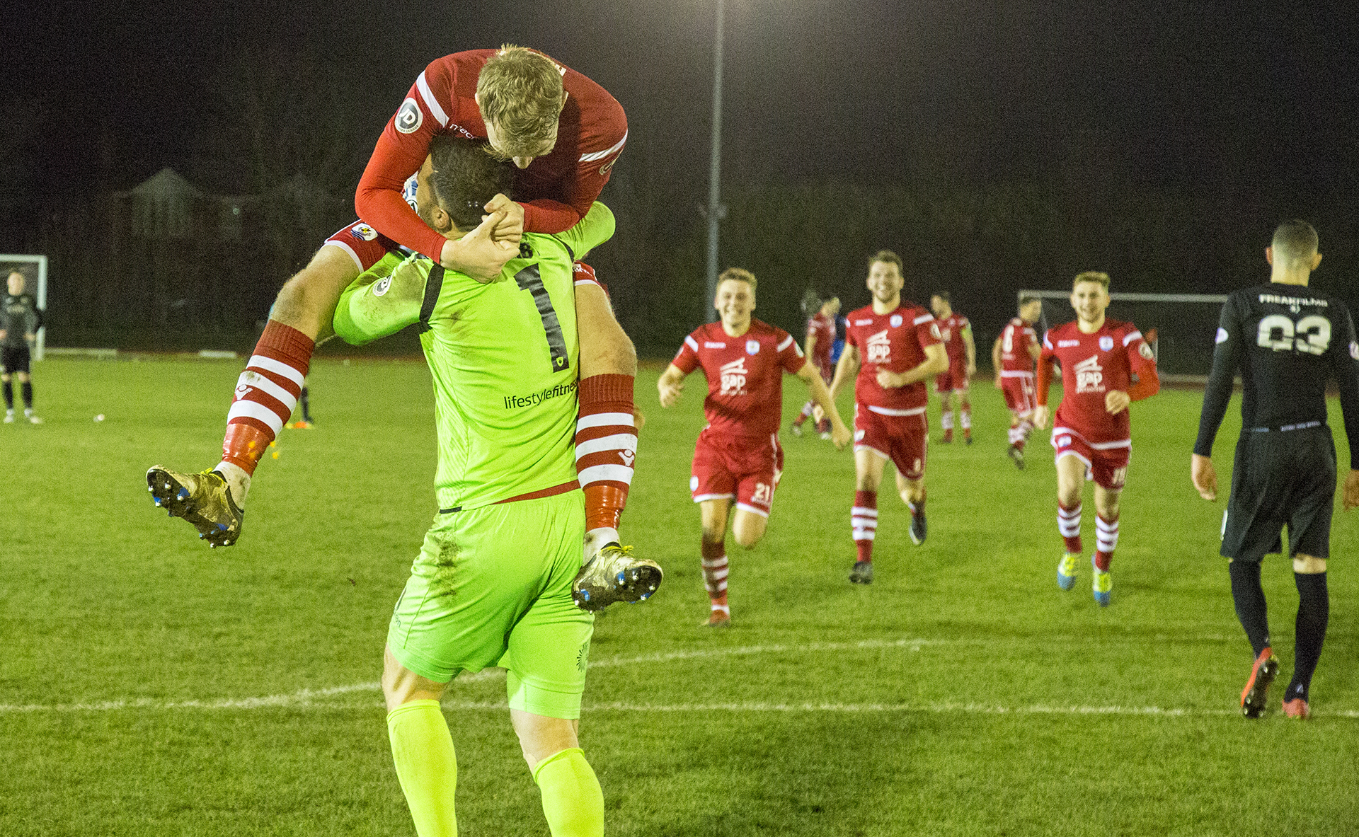 John Danby and John Disney celebrate The Nomads penalty shootout victory | © NCM Media