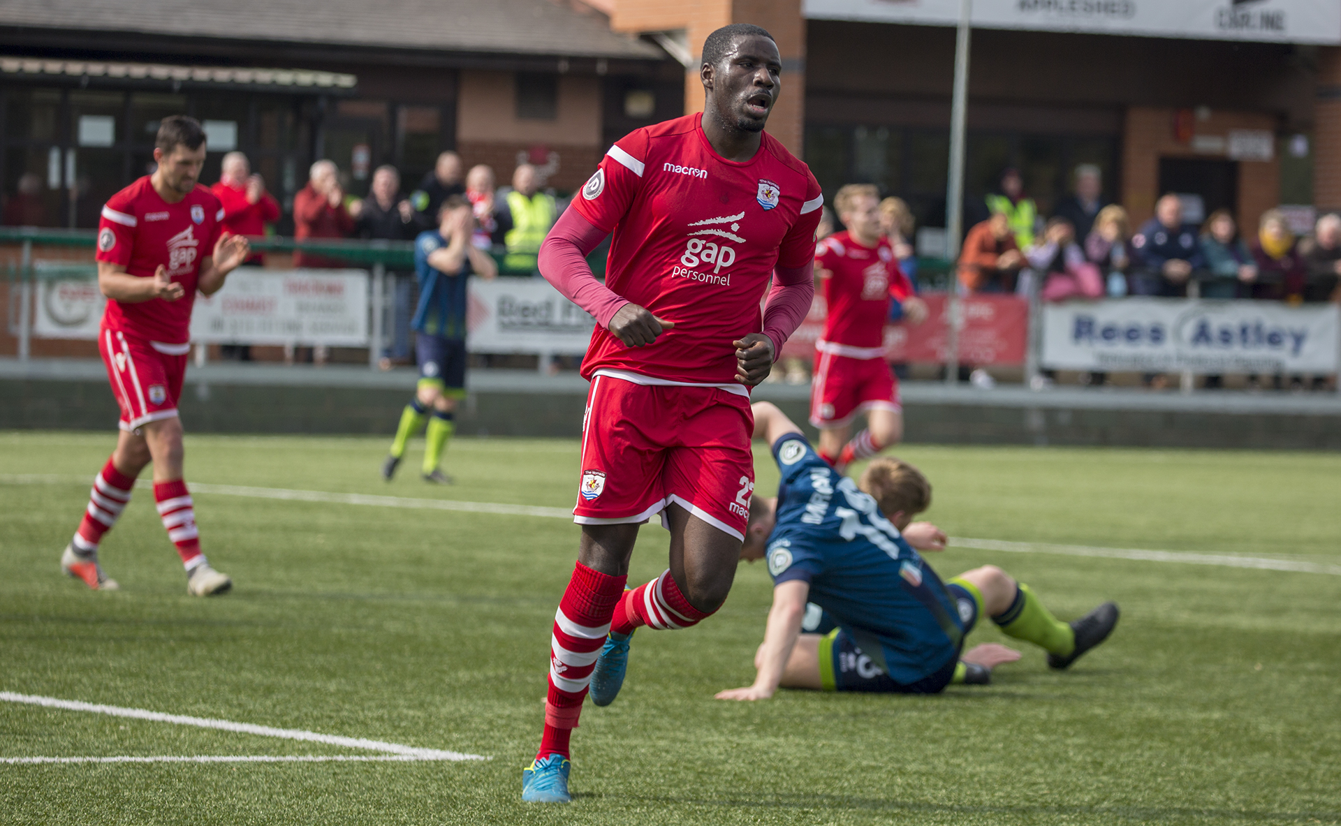 Michael Bakare celebrates his goal against Cardiff Met in the JD Welsh Cup Semi Final | © NCM Media