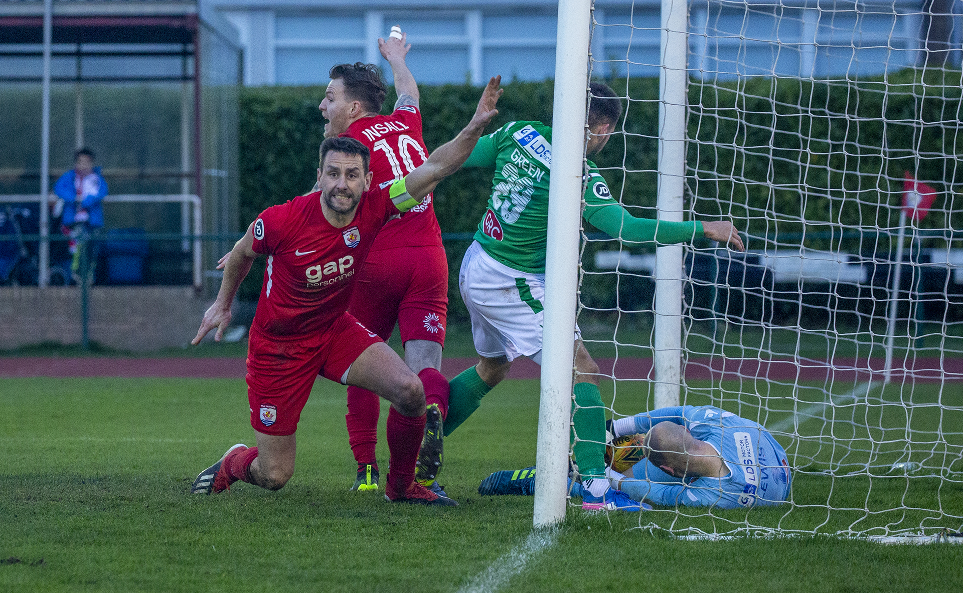 George Horan sees his close range header saved by Mike Lewis on the line | © NCM Media