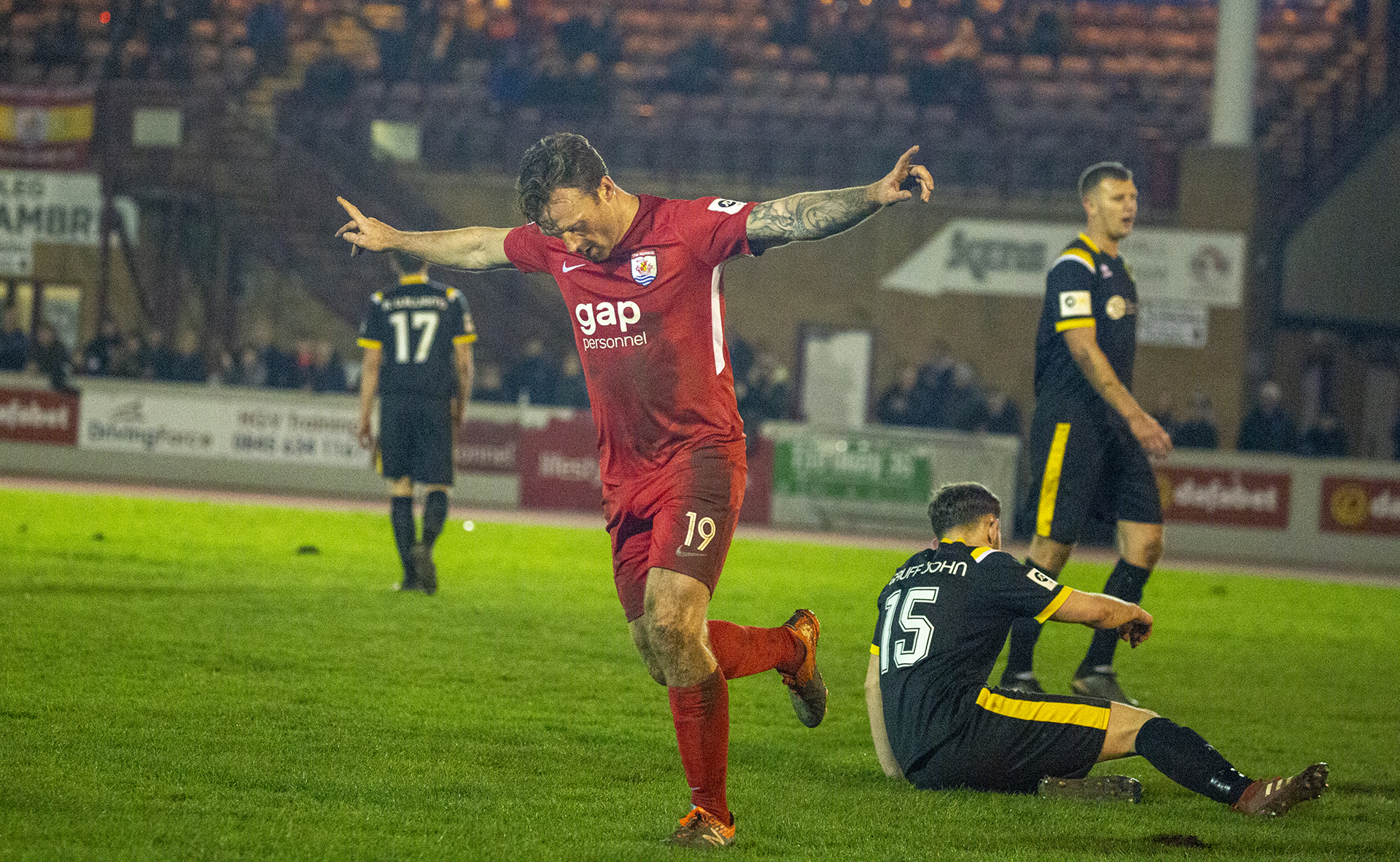 Craig Curran celebrates his first goal for the club against Caernarfon Town | © NCM Media