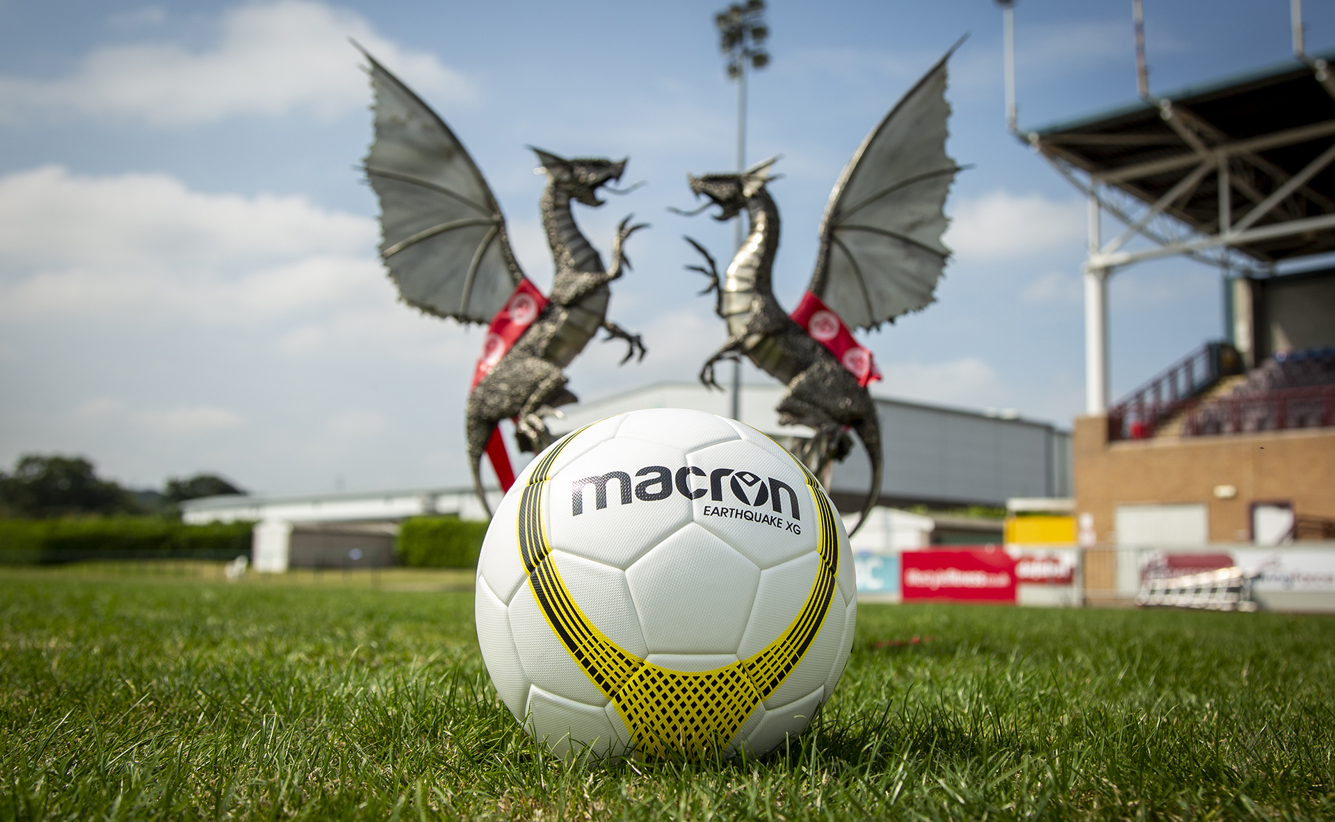The new Macron ball for the 2020/21 season in front of the JD Cymru Premier title at Deeside Stadium | © NCM Media