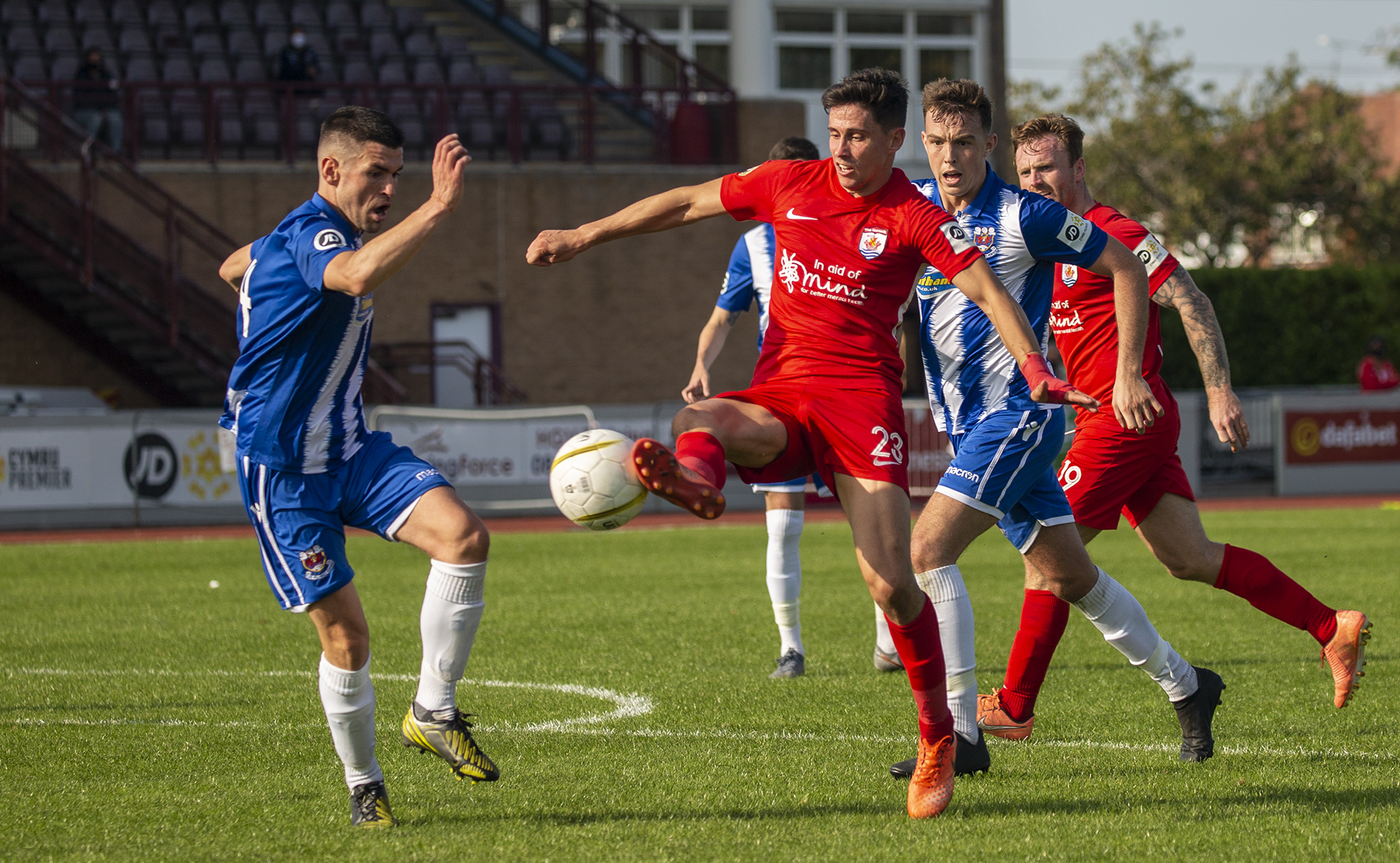 Aeron Edwards wins possession on the edge of the Penybont box | © NCM Media