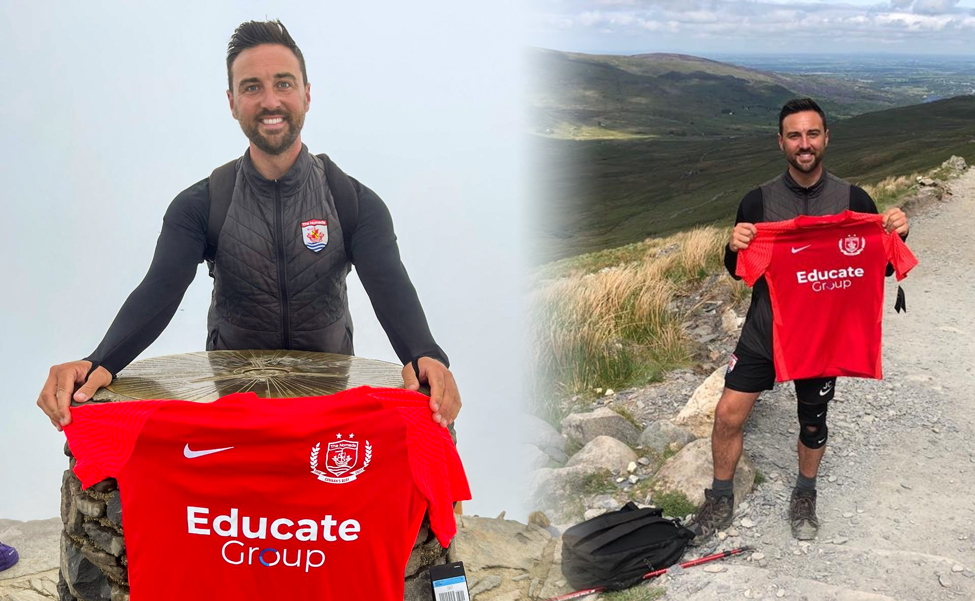 Nomads Director of Football Jay Catton displays the new Educate-sponsored Nomads home shirt atop Snowdon